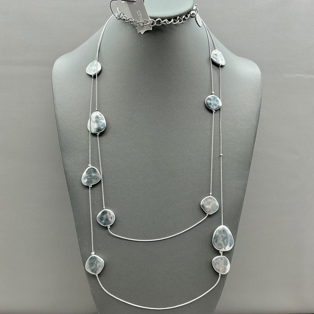 Chico's Necklace Womens Silver Tone Hammered Pebble Station Layered 30 Inch